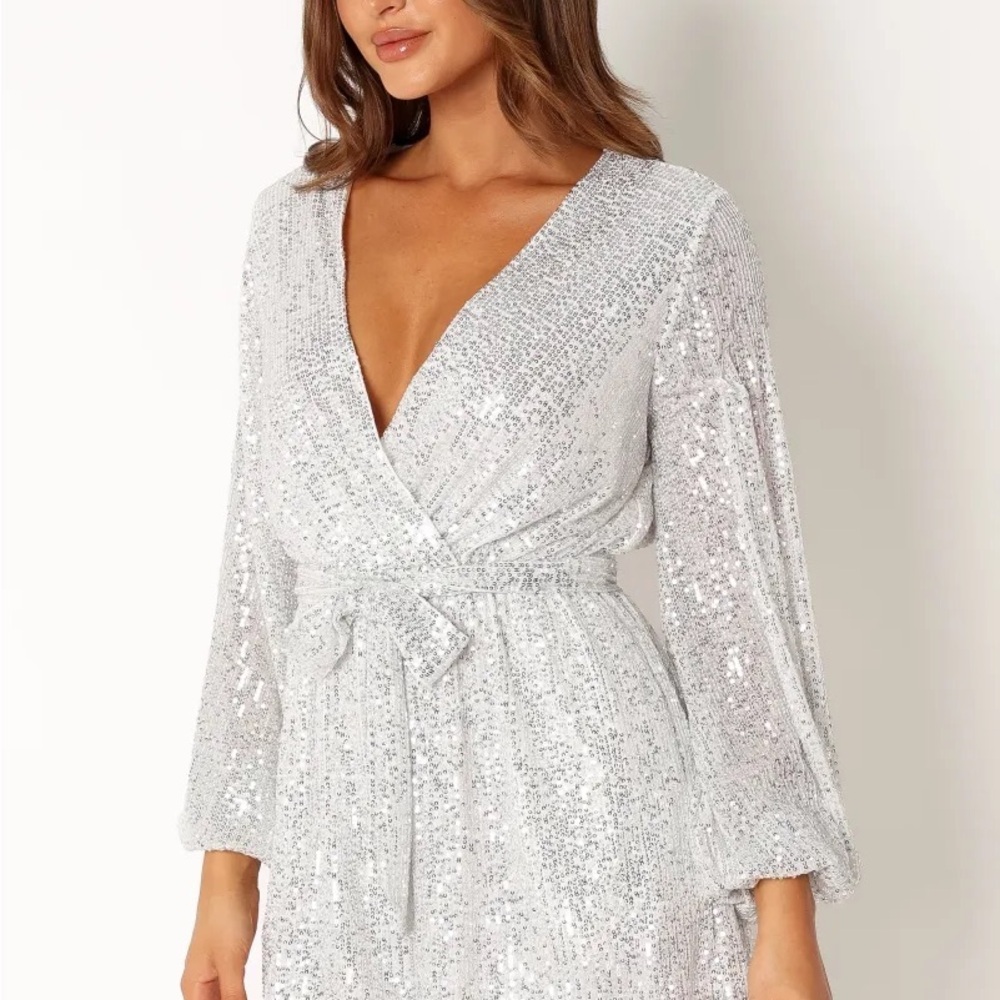 Petal & Pup Silver Sequin Romper with Wrap V-Neck and Tie Waist - Picture 6 of 7
